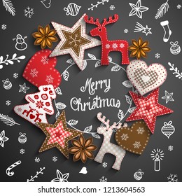 Christmas theme with white chalk doodles and wreath made from rustic ornaments on black background, vector illustration, eps 10 with transparency and gradient mesh.