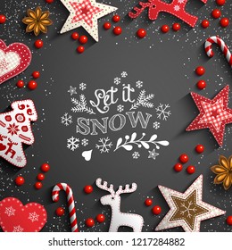 Christmas theme with white chalk doodles, rustic decorations and text Let it snow on black background, vector illustration, eps 10 with transparency and gradient mesh.