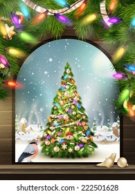 Christmas Theme - Window with a kind on winter village. EPS 10 vector file included