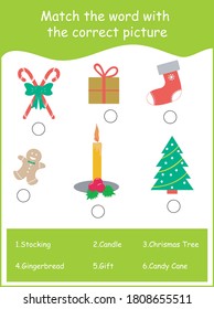 Christmas theme worksheet for kindergarten students,match the picture with names activity, preschool activity,Christmas items,icons flat 