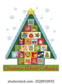 Christmas themed Advent calendar in the shape of a tree, featuring festive illustrations for each day leading to December 25th. For holiday marketing, Christmas crafts, or digital countdowns.