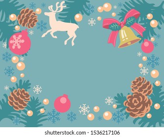 Christmas themed b background with pine branches and decorative items. Flat style. Vector illustration.