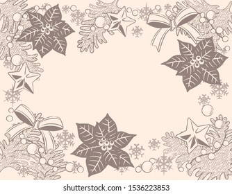 Christmas themed b background with pine branches and decorative items. Vintage style. Vector illustration.