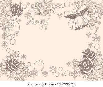 Christmas themed b background with pine branches and decorative items. Vintage style. Vector illustration.