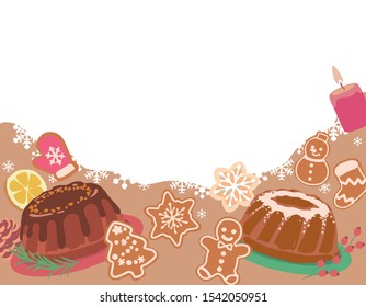 Christmas themed background with blank space. Vector illustration of decorating Christmas cookies and bundt cakes.