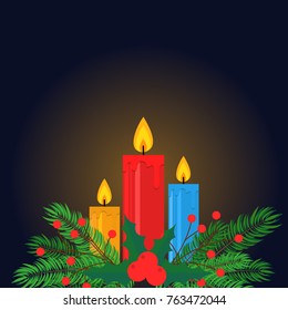 Christmas themed banner with candles and green leaves