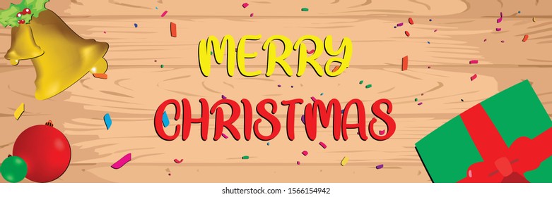 Christmas Themed Banner Design With Christmas Accessories and Wooden Background