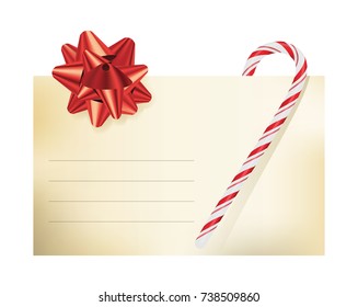 A Christmas themed blank note card invitation illustration with a candy cane and red bow. Vector EPS 10 available.