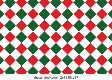 Patrón de tablero de ajedrez temático de Navidades con alternancia de verde, rojo y blanco.