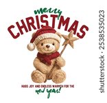 Christmas themed cute teddy bear vector illustration.Christmas Greeting Card with Santa Claus.Happy new year lettering.T-shirt Graphics.New Year Cards.Cute teddy bear graphic design with gift box.
