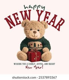 Christmas themed cute teddy bear vector illustration.Christmas Greeting Card with Santa Claus.Happy new year lettering.T-shirt Graphics.New Year Cards.Cute teddy bear graphic design with gift box.