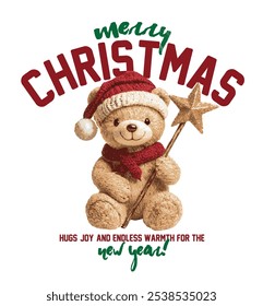 Christmas themed cute teddy bear vector illustration.Christmas Greeting Card with Santa Claus.Happy new year lettering.T-shirt Graphics.New Year Cards.Cute teddy bear graphic design with gift box.
