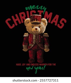 Christmas themed cute teddy bear vector illustration.Christmas Greeting Card with Santa Claus.Happy new year lettering.T-shirt Graphics.New Year Cards.Nutcracker character graphic design with gift box