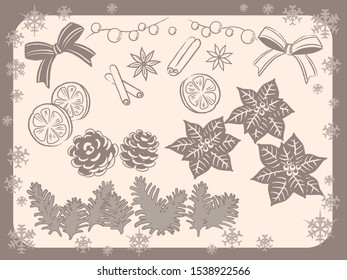 Christmas themed decorative items. Vintage style. Vector illustration.