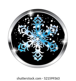 Christmas themed design element with a snowflake on a black background in a silver frame. Vector illustration, on transparent background.