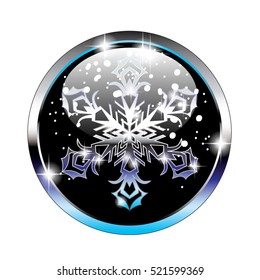 Christmas themed design element with a snowflake on a black background in a silver frame. Vector illustration, on transparent background.