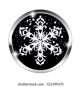 Christmas themed design element with a snowflake on a black background in a silver frame. Vector illustration, on transparent background.