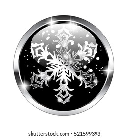 Christmas themed design element with a snowflake on a black background in a silver frame. Vector illustration, on transparent background.