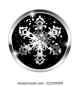 Christmas themed design element with a snowflake on a black background in a silver frame. Vector illustration, on transparent background.