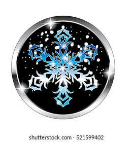Christmas themed design element with a snowflake on a black background in a silver frame. Vector illustration, on transparent background.