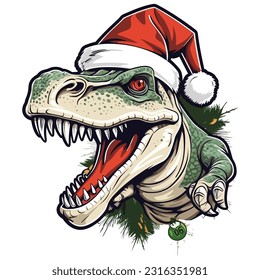 christmas themed dinosaur wearing a hat tshirt design graphic, in the style of bold outline, white background. 