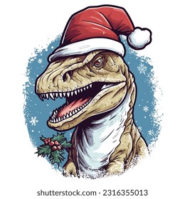christmas themed dinosaur wearing a hat tshirt design graphic, in the style of bold outline, white background