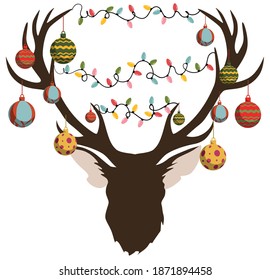 Christmas Themed Elk Head Decorated With Balls And Garland. Vector