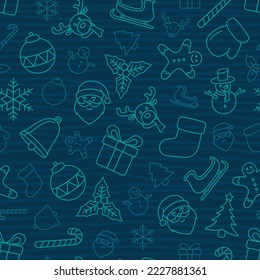 Christmas themed hand drawn seamless pattern on dark blue background