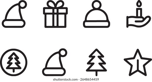 Christmas Themed Icon Set Featuring Winter Hats, Wrapped Gift, Lit Candle, Fir Tree and Star Shapes for Holiday Design
