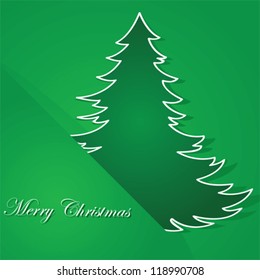 Christmas themed illustration showing a green background and a cartoon tree tucked inside a corner of it