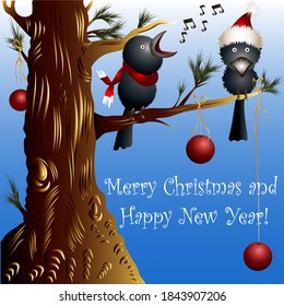 Christmas themed illustration with two crows dressed in Christmas clothes