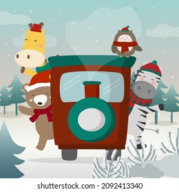 Christmas themed landscape in snow. Animals travel by train to celebrate Christmas. Giraffe, bear, owl, zebra. Pine lined landscape. Design for invitation card, new year, christmas, web, print, ads,