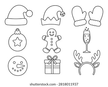 Christmas themed Line Icons Featuring Santa Hat Mittens And Festive Decorations
