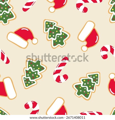 Christmas themed pattern with an off-white background. Christmas trees, hats, and candy canes.