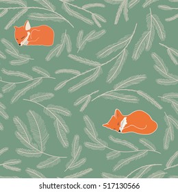 Christmas themed pattern with pastel grey pine branches and cute sleeping baby foxes on  a pastel green background. Isolated vector elements and hand drawn objects. 