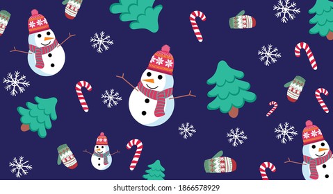 Christmas themed pattern with snowman, pine trees, snowflakes, gloves and candy canes. Vector