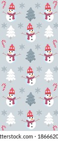 Christmas themed pattern with snowman, pine trees, snowflakes and candy canes. Vector