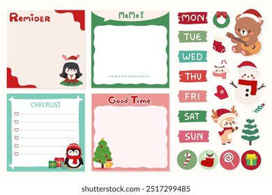 Christmas Themed Planner and Checklist Stickers with Cute Characters. Kawaii Holiday Stationery Set for Organizing and Planning. Festive Christmas Planner Notes and Stickers for Seasonal Organization.