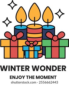 A Christmas themed poster with a white background and a colorful design of three candles and three presents. The poster reads "Winter Wonder" and encourages people to enjoy the moment