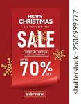 Christmas themed promotional banner featuring Santa Claus, a 70% off sale message on mobile phone, gift boxes, and free shipping offers. festive sale banners, seasonal ads and online marketing