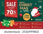 Christmas themed promotional banner featuring Santa Claus, a 70% off sale message on mobile phone, gift boxes, and free shipping offers. festive sale banners, seasonal ads and online marketing