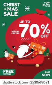 Christmas themed promotional banner featuring Santa Claus, a 70% off sale message on mobile phone, gift boxes, and free shipping offers. festive sale banners, seasonal ads and online marketing