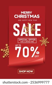 Christmas themed promotional banner featuring Santa Claus, a 70% off sale message on mobile phone, gift boxes, and free shipping offers. festive sale banners, seasonal ads and online marketing