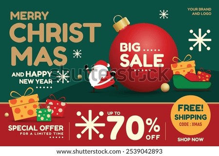 Christmas themed promotional banner featuring Santa Claus, a 70% off sale message on mobile phone, gift boxes, and free shipping offers. festive sale banners, seasonal ads and online marketing