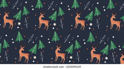 Christmas themed scandinavian style print pattern. Pine tree, snowflake and reindeer print.
