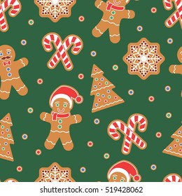 Christmas themed seamless pattern. Gingerbread man cookies. Snow flake, Christmas Tree, candy cane. Graphic design element for packaging paper, prints, scrapbooking. Holiday themed design