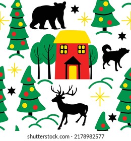 Christmas themed seamless repeat pattern with reindeer, bear, wolf, house, snow and trees design