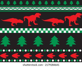 Christmas themed seamless repeat pattern with dinosaur silhouette and foot print, snow flakes, Christmas trees, fair isle pattern fun festive design