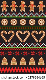 Christmas themed seamless repeat pattern with ginger bread man, candy cane, biscuits, bells, cake decoration, snow flakes, fair isle pattern fun festive design