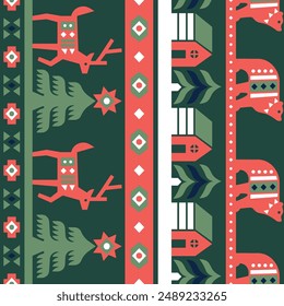 Christmas themed seamless repeat pattern with chevron, snow flakes, reindeer.